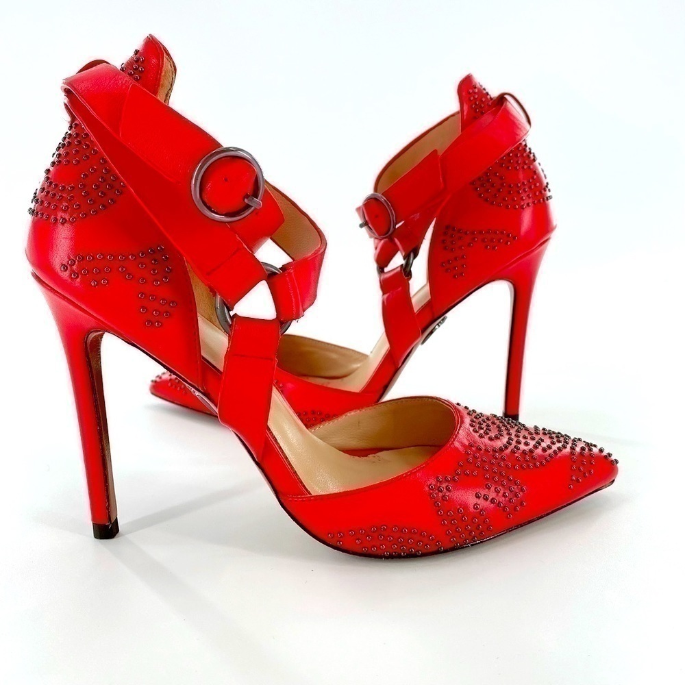 PINKO Red Leather Studded Heels shoes Sz EUR 36
